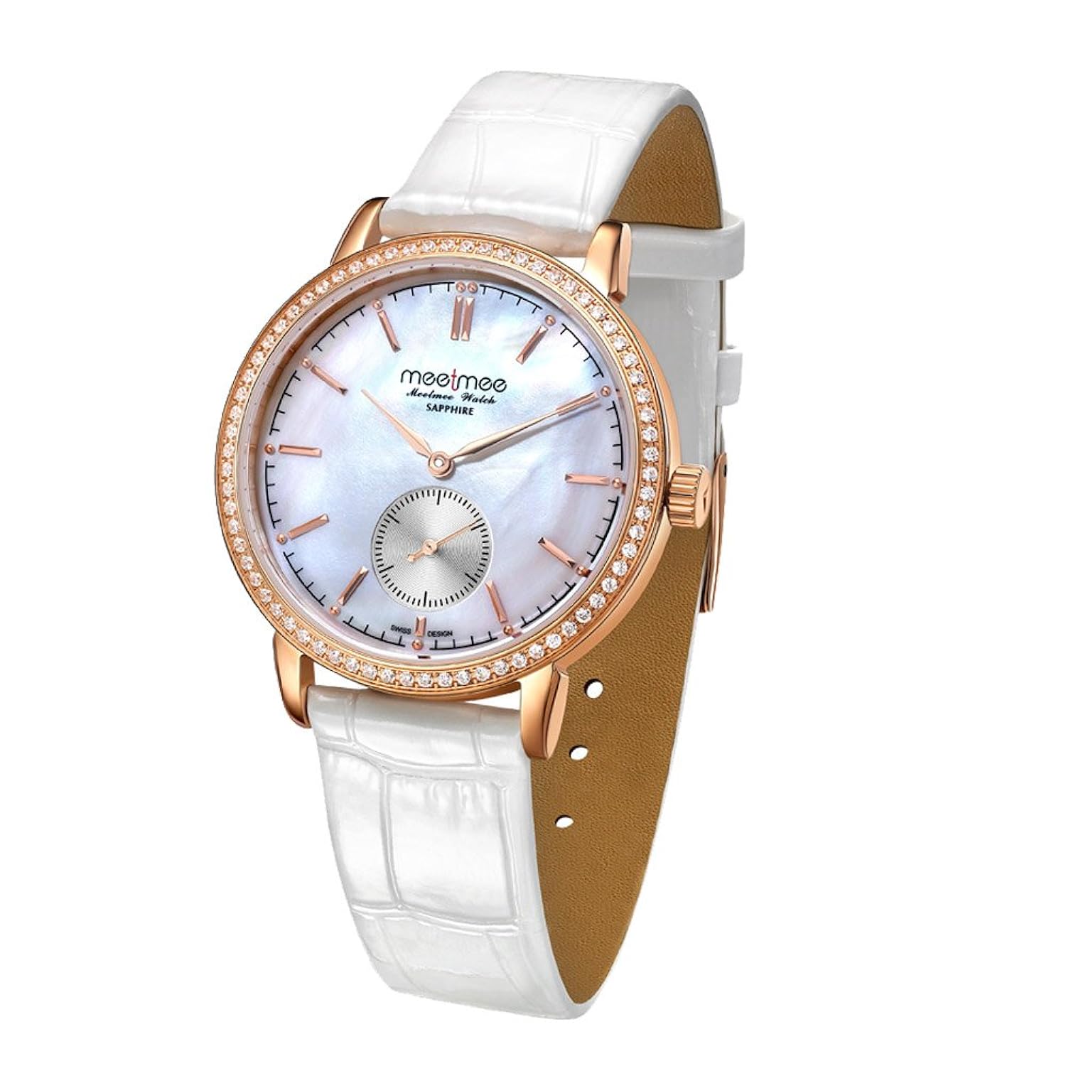 meetmee 美特美 女士手表 玫瑰金白色皮带 简约复古手表 时尚超薄女士